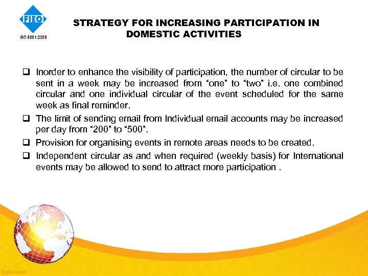 STRATEGY FOR INCREASING PARTICIPATION IN DOMESTIC ACTIVITIES q Inorder to enhance the visibility of