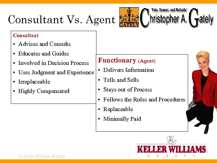 Consultant Vs. Agent Consultant • Advises and Consults • Educates and Guides • Involved