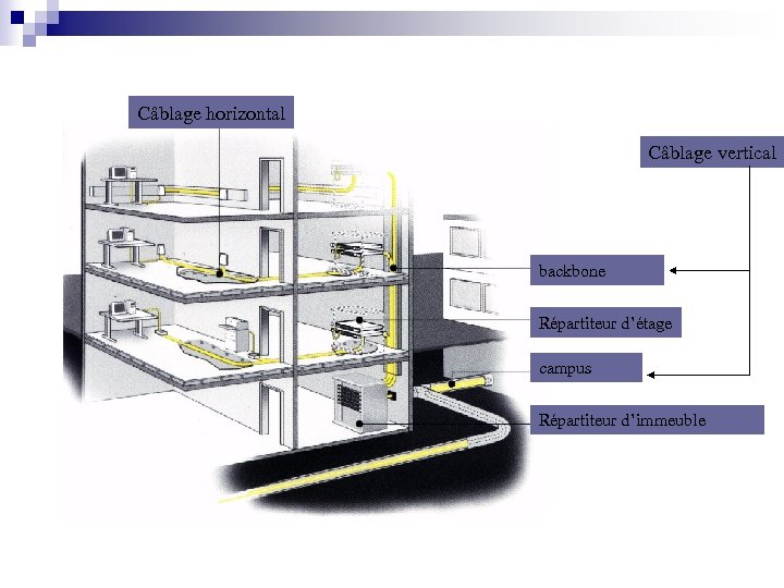 Câblage horizontal Câblage vertical backbone Répartiteur d’étage campus Répartiteur d’immeuble 