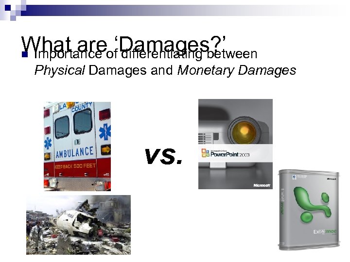 What areof‘Damages? ’ n Importance differentiating between Physical Damages and Monetary Damages vs. 