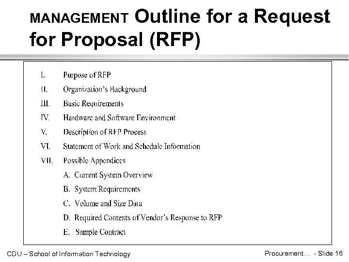 Outline for a Request for Proposal (RFP) MANAGEMENT CDU – School of Information Technology