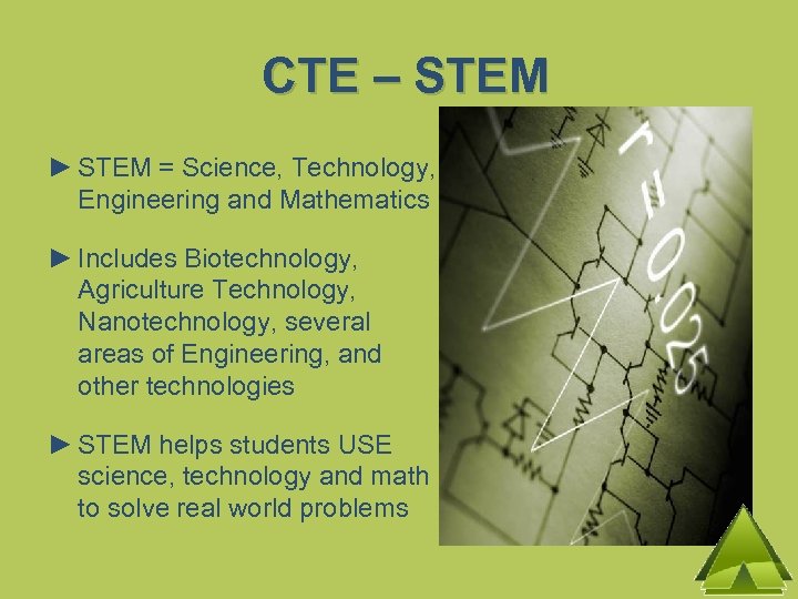 CTE – STEM ► STEM = Science, Technology, Engineering and Mathematics ► Includes Biotechnology,