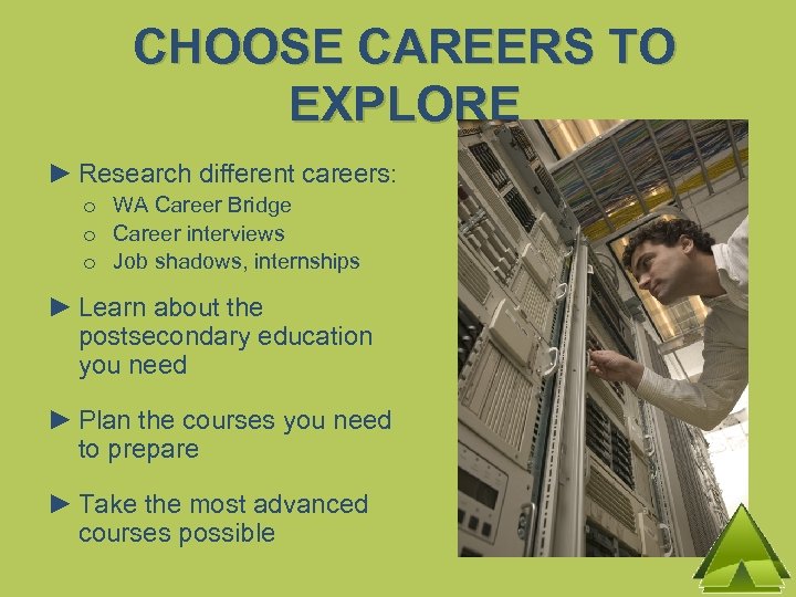 CHOOSE CAREERS TO EXPLORE ► Research different careers: o WA Career Bridge o Career