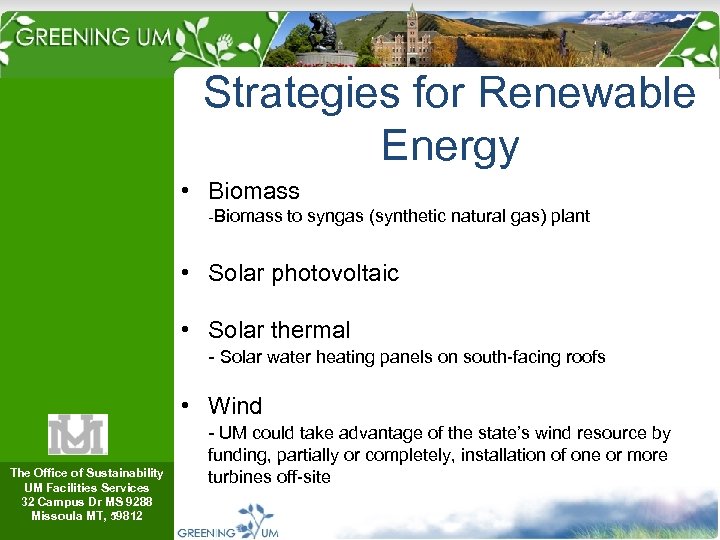 Strategies for Renewable Energy • Biomass -Biomass to syngas (synthetic natural gas) plant •