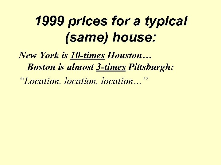 1999 prices for a typical (same) house: New York is 10 -times Houston… Boston