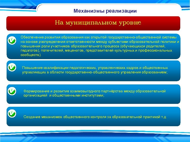 Механизмы реализации На муниципальном уровне Обеспечение развития образования как открытой государственно-общественной системы на основе