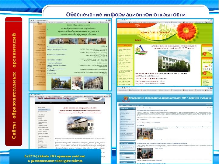 Сайты образовательных организаций Обеспечение информационной открытости 6 (23%) сайтов ОО приняли участие в региональном