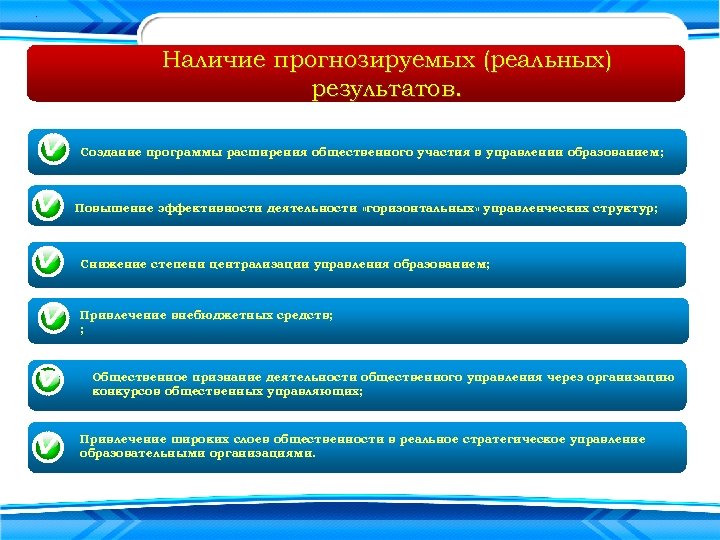 . Наличие прогнозируемых (реальных) результатов. Создание программы расширения общественного участия в управлении образованием; Повышение