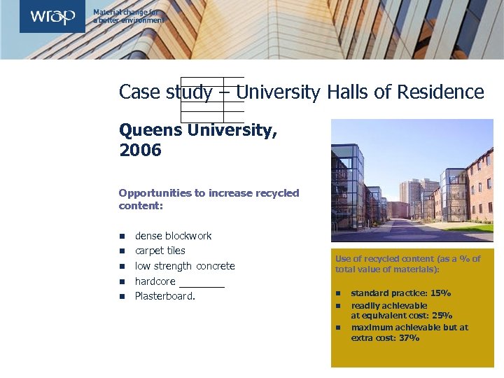 Case study – University Halls of Residence Queens University, 2006 Opportunities to increase recycled