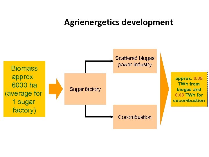 Agrienergetics development Biomass approx. 6000 ha (average for 1 sugar factory) Scattered biogas power