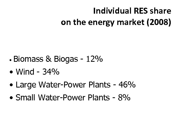 Individual RES share on the energy market (2008) • Biomass & Biogas - 12%