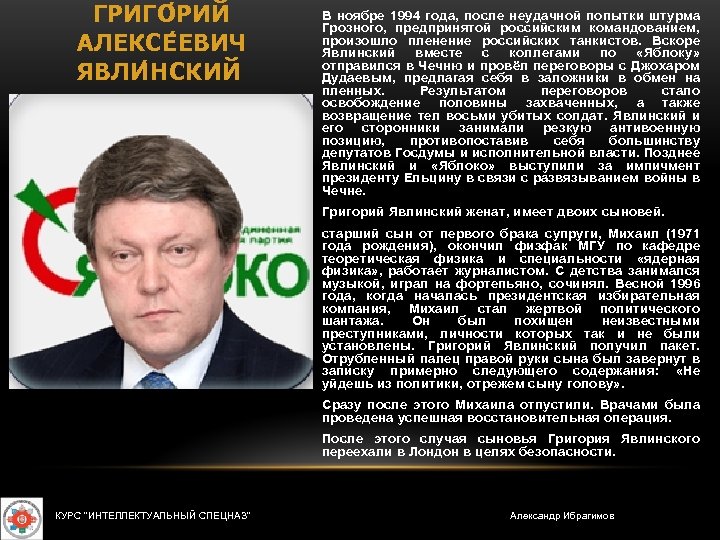 ГРИГО РИЙ АЛЕКСЕ ЕВИЧ ЯВЛИ НСКИЙ В ноябре 1994 года, после неудачной попытки штурма