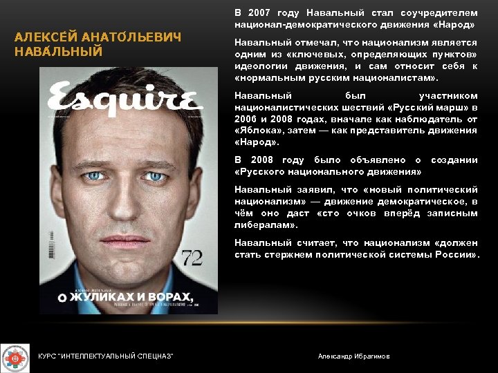 АЛЕКСЕ Й АНАТО ЛЬЕВИЧ НАВА ЛЬНЫЙ В 2007 году Навальный стал соучредителем национал демократического