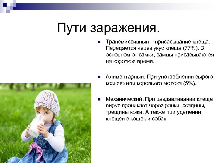 Пути заражения. n Трансмиссивный – присасывание клеща. Передается через укус клеща (77%). В основном