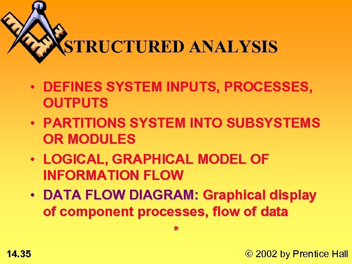STRUCTURED ANALYSIS • DEFINES SYSTEM INPUTS, PROCESSES, OUTPUTS • PARTITIONS SYSTEM INTO SUBSYSTEMS OR