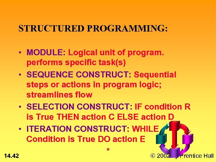 STRUCTURED PROGRAMMING: • MODULE: Logical unit of program. performs specific task(s) • SEQUENCE CONSTRUCT: