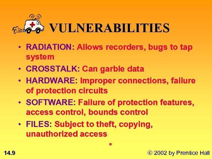 VULNERABILITIES 14. 9 • RADIATION: Allows recorders, bugs to tap system • CROSSTALK: Can