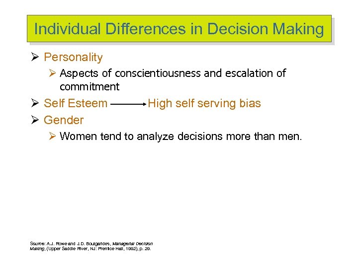 Individual Differences in Decision Making Ø Personality Ø Aspects of conscientiousness and escalation of