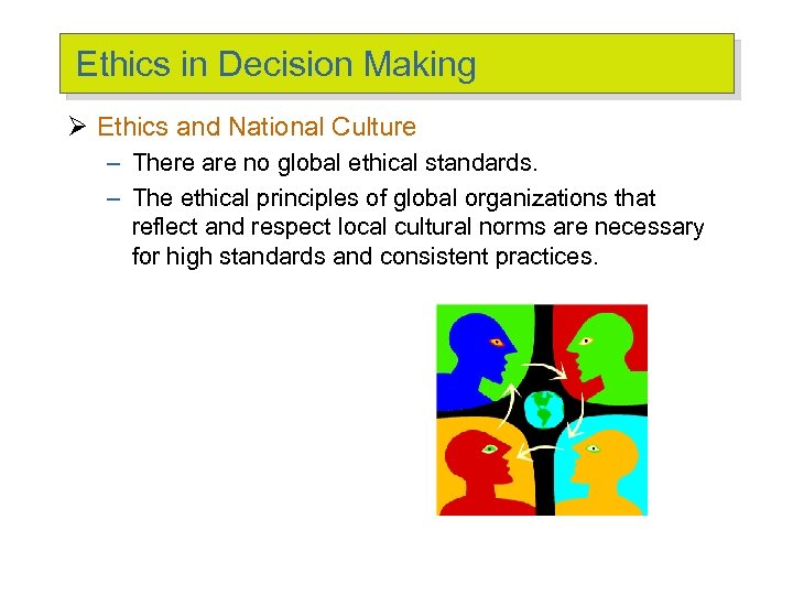 Ethics in Decision Making Ø Ethics and National Culture – There are no global