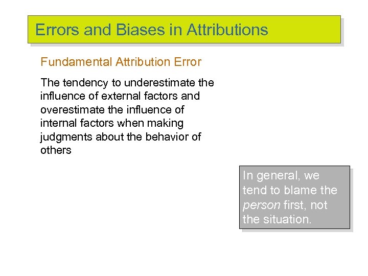 Errors and Biases in Attributions Fundamental Attribution Error The tendency to underestimate the influence