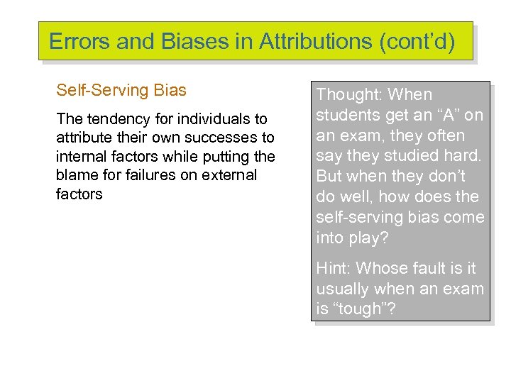 Errors and Biases in Attributions (cont’d) Self-Serving Bias The tendency for individuals to attribute