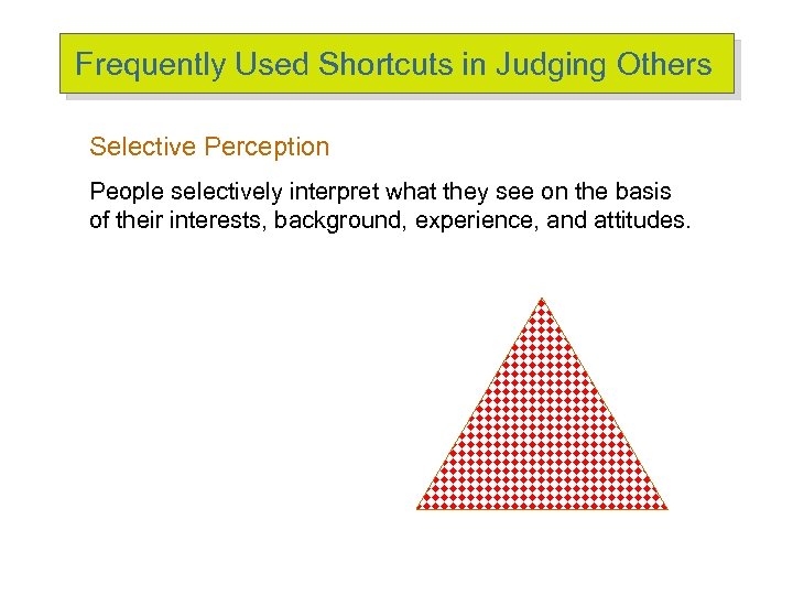 Frequently Used Shortcuts in Judging Others Selective Perception People selectively interpret what they see