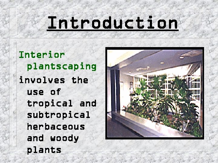 Introduction Interior plantscaping involves the use of tropical and subtropical herbaceous and woody plants