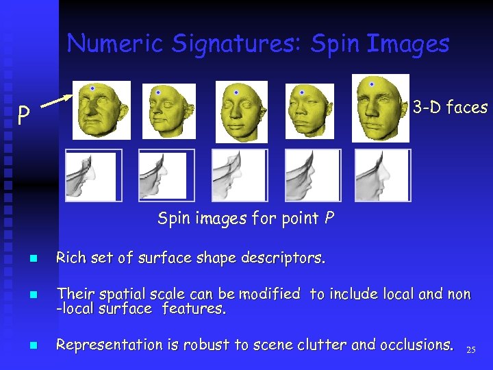 Numeric Signatures: Spin Images 3 -D faces P Spin images for point P n