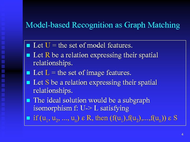 Model-based Recognition as Graph Matching n n n Let U = the set of