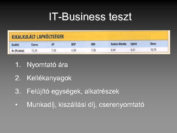 IT-Business teszt 1. Nyomtató ára 2. Kellékanyagok 3. Felújító egységek, alkatrészek • Munkadíj, kiszállási