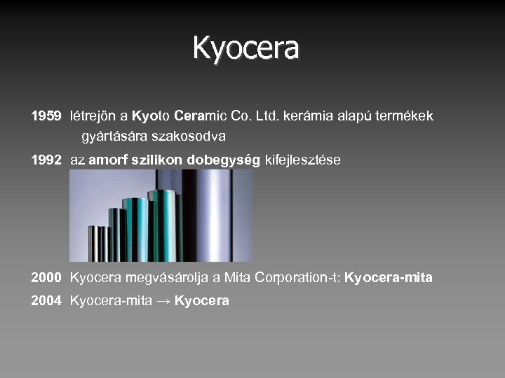 Kyocera 1959 létrejön a Kyoto Ceramic Co. Ltd. kerámia alapú termékek gyártására szakosodva 1992