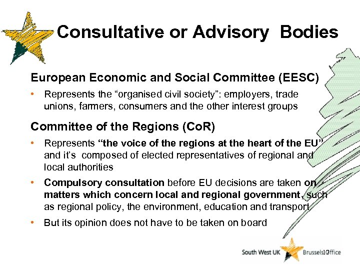 Consultative or Advisory Bodies European Economic and Social Committee (EESC) • Represents the “organised