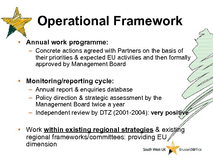 Operational Framework • Annual work programme: – Concrete actions agreed with Partners on the