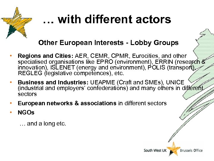 … with different actors Other European Interests - Lobby Groups • Regions and Cities: