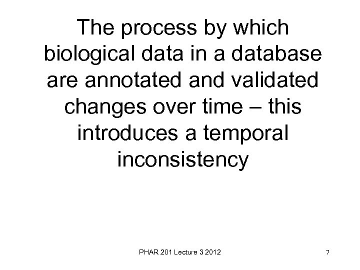 The process by which biological data in a database are annotated and validated changes