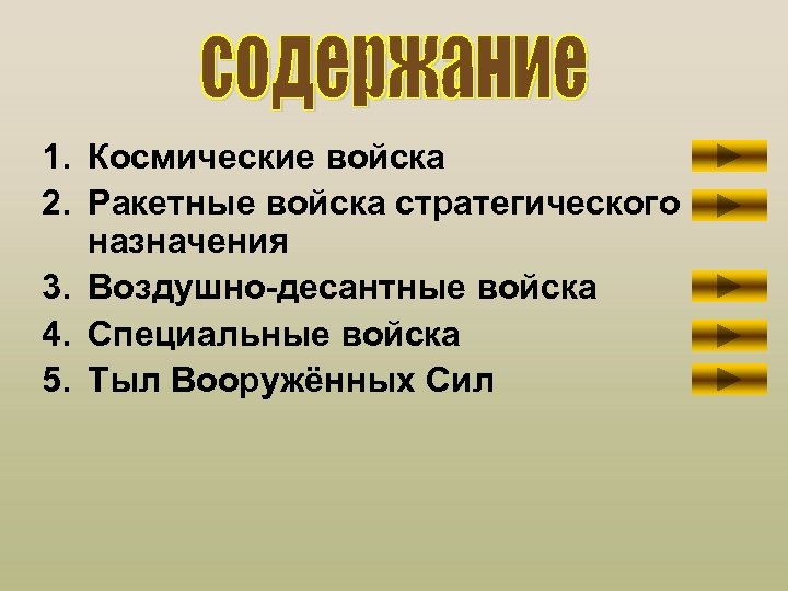 1. Космические войска 2. Ракетные войска стратегического назначения 3. Воздушно-десантные войска 4. Специальные войска