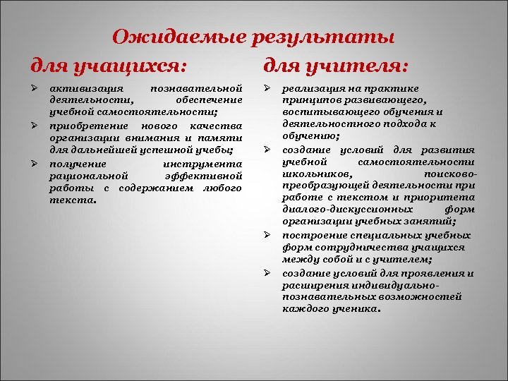 Ожидаемые результаты для учащихся: для учителя: Ø Ø Ø активизация познавательной деятельности, обеспечение учебной
