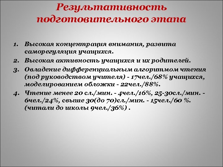 Результативность подготовительного этапа 1. Высокая концентрация внимания, развита саморегуляция учащихся. 2. Высокая активность учащихся