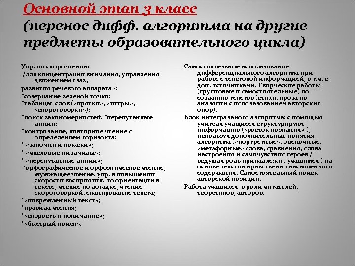 Основной этап 3 класс (перенос дифф. алгоритма на другие предметы образовательного цикла) Упр. по