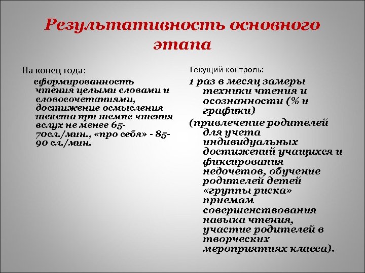 Результативность основного этапа На конец года: сформированность чтения целыми словами и словосочетаниями, достижение осмысления