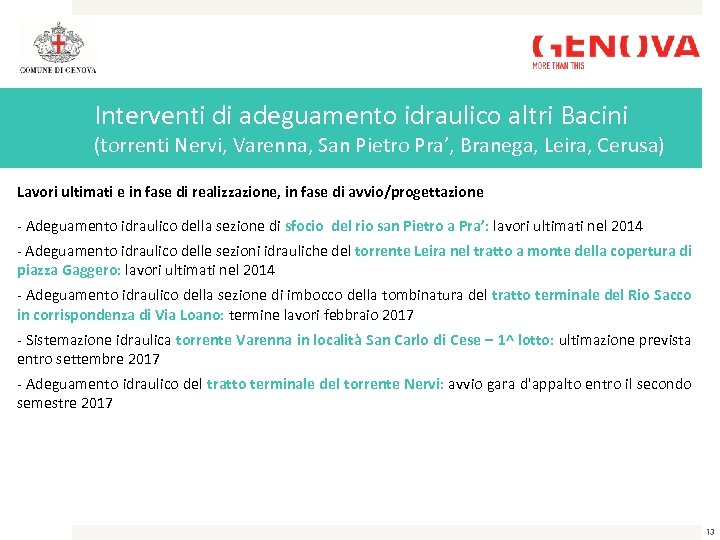 Interventi di adeguamento idraulico altri Bacini (torrenti Nervi, Varenna, San Pietro Pra’, Branega, Leira,