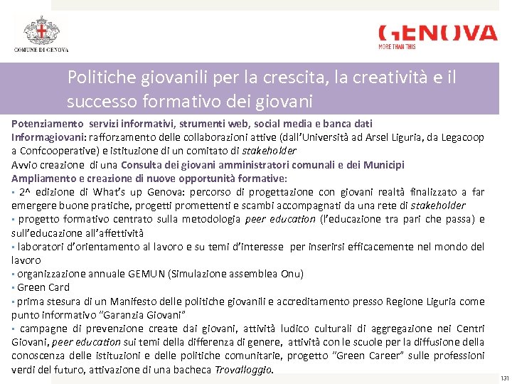 Politiche giovanili per la crescita, la creatività e il successo formativo dei giovani Potenziamento