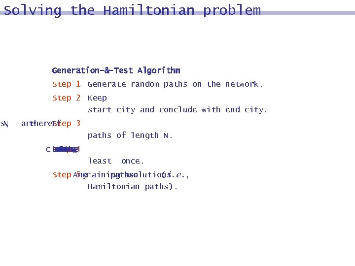 Solving the Hamiltonian problem es, N Generation-&-Test Algorithm Step 1 Generate random paths on