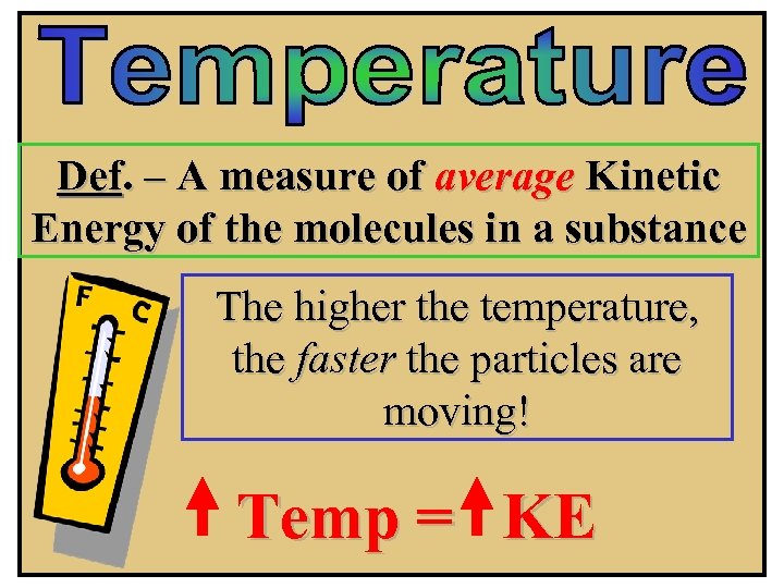 Def. – A measure of average Kinetic Energy of the molecules in a substance