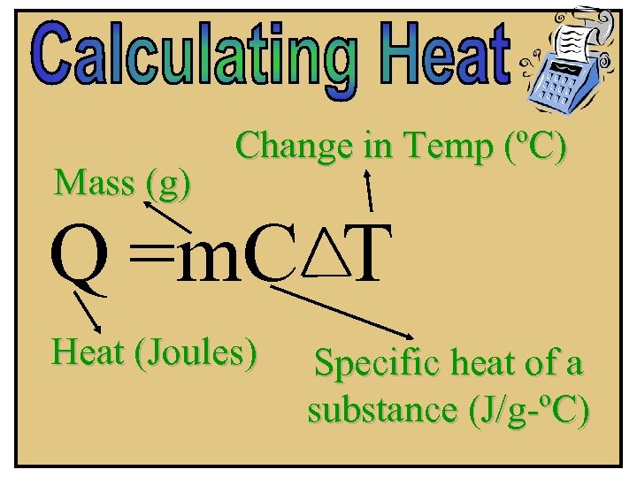 Mass (g) Change in Temp (ºC) Q =m. C T Heat (Joules) Specific heat