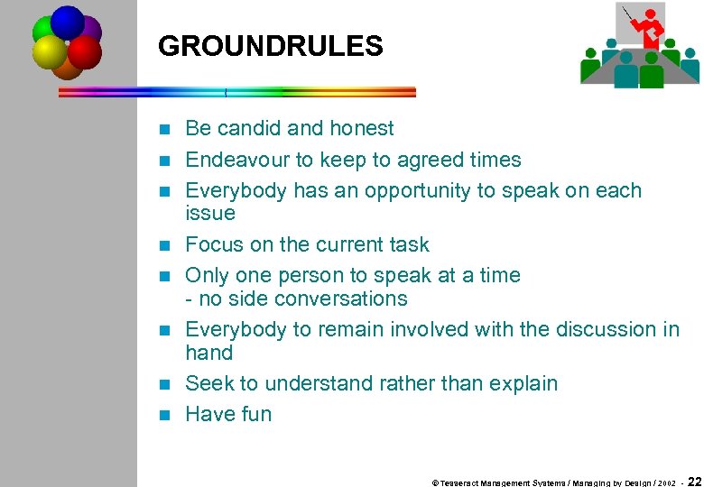 GROUNDRULES n n n n Be candid and honest Endeavour to keep to agreed