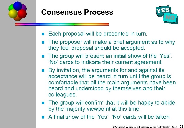 Consensus Process n n n YES NO Each proposal will be presented in turn.