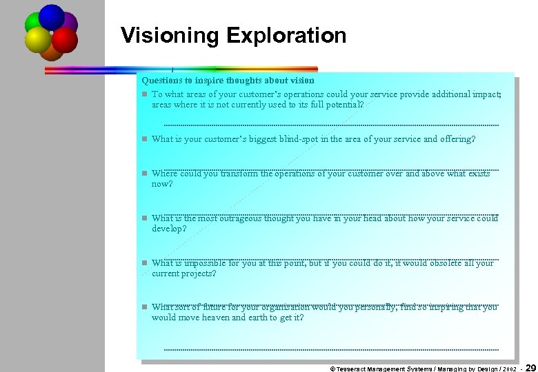 Visioning Exploration Questions to inspire thoughts about vision n To what areas of your