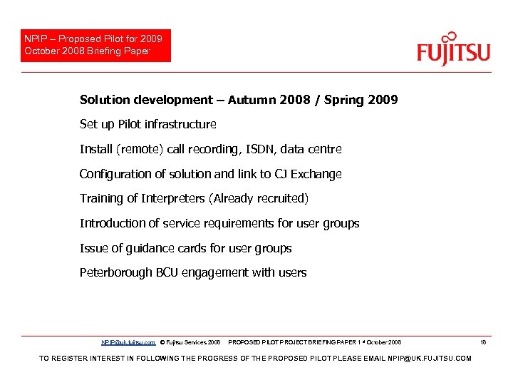 NPIP – Proposed Pilot for 2009 October 2008 Briefing Paper Solution development – Autumn