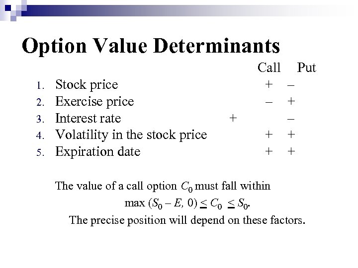 Option Value Determinants 1. 2. 3. 4. 5. Stock price Exercise price Interest rate